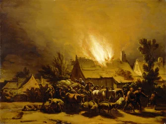 Boeren vluchten uit een brandende schuur, c.1655